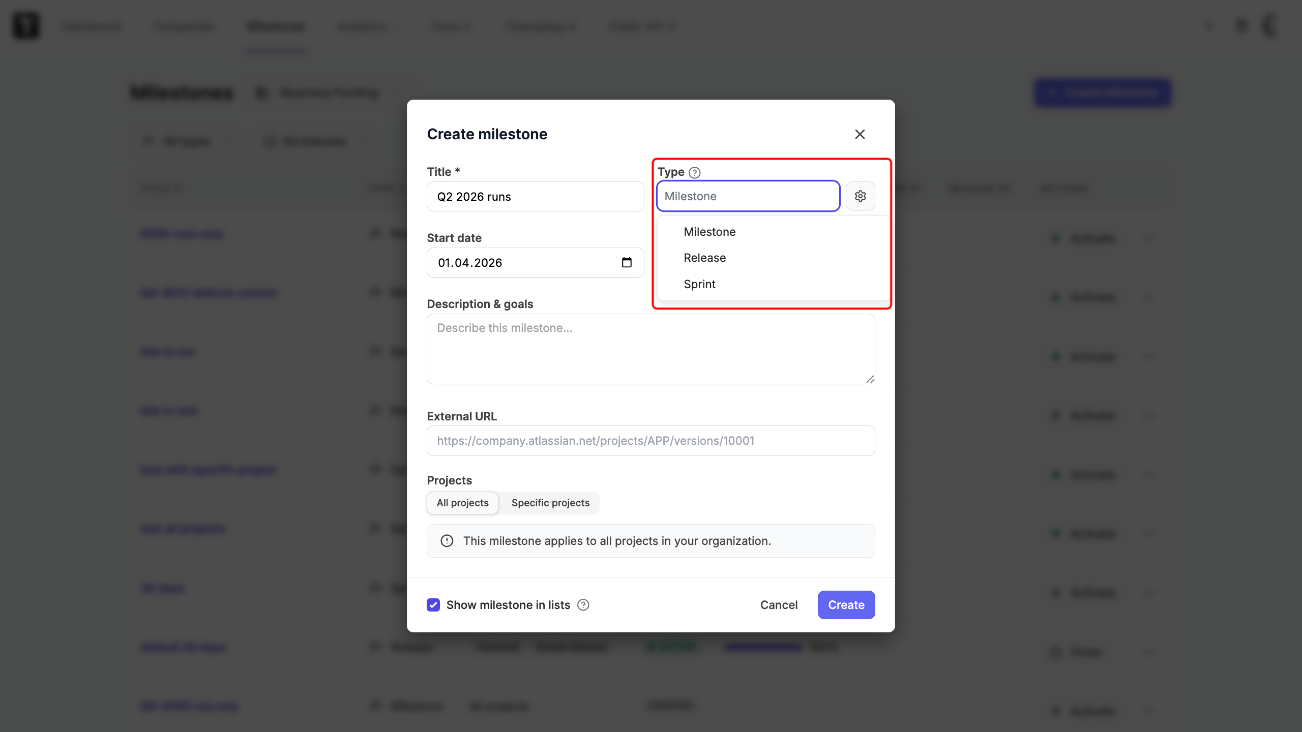 The milestone type management modal